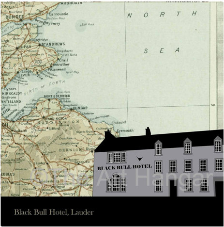Old Map Silhouette Giclée print of the Black Bull Hotel, Lauder
