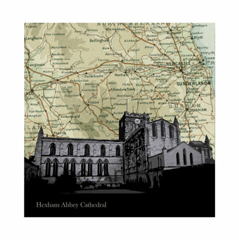 Old Map Silhouette Giclée print of the Hexham Abbey Cathedral, Northumbria