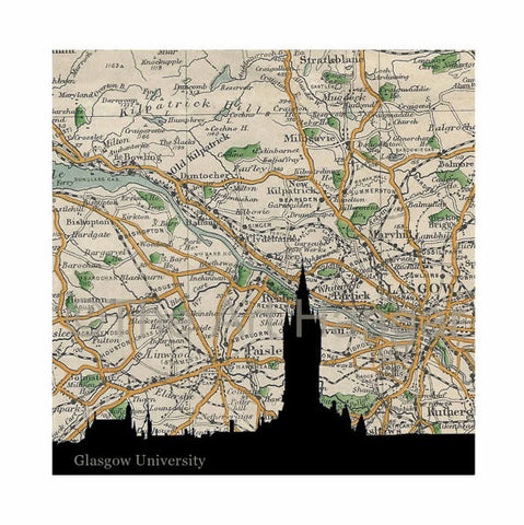 Old Map Silhouette Giclée print of the Glasgow University