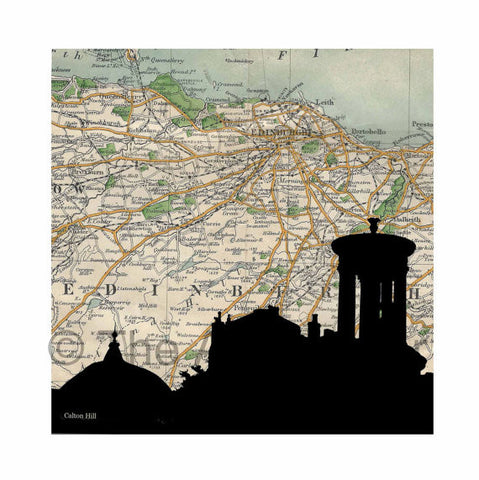 Old Map Silhouette Giclée print of the Calton Hill, Edinburgh